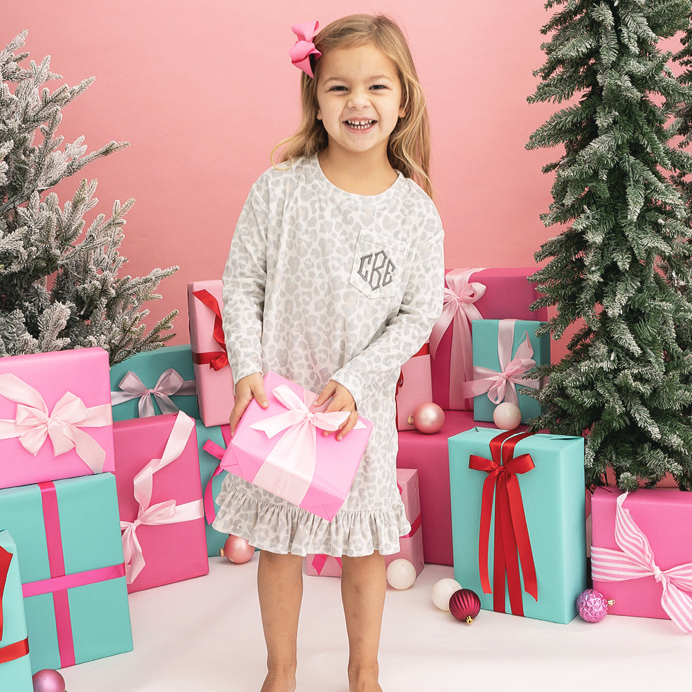 girl wearing snow leopard monogrammed nightgown