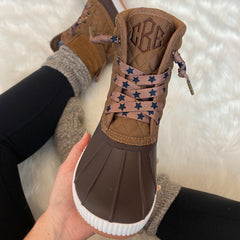 hickory stars shoe laces on monogrammed quilted duck boots