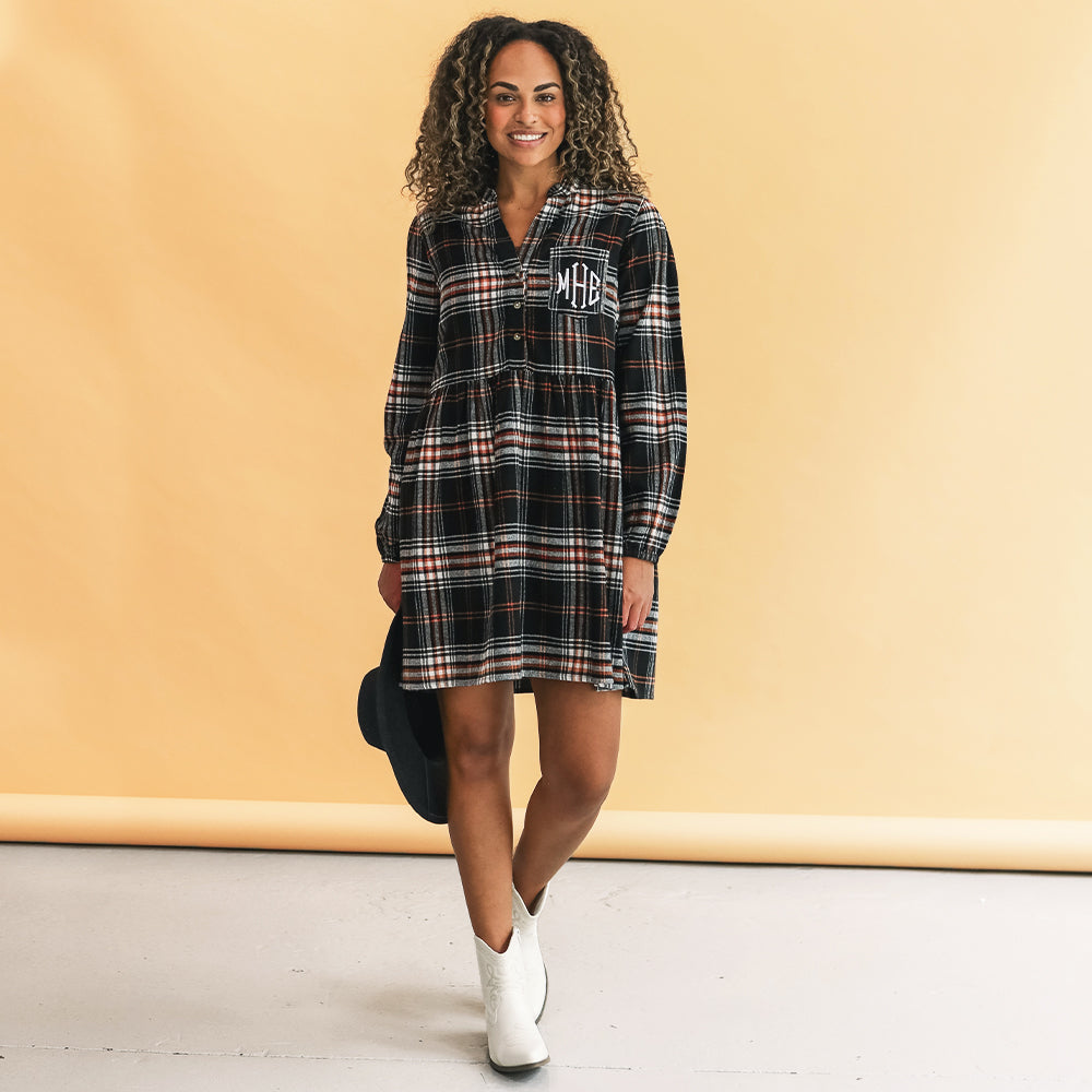 [jae] plaid monogrammed autumn twilight dress with white cowboy boots