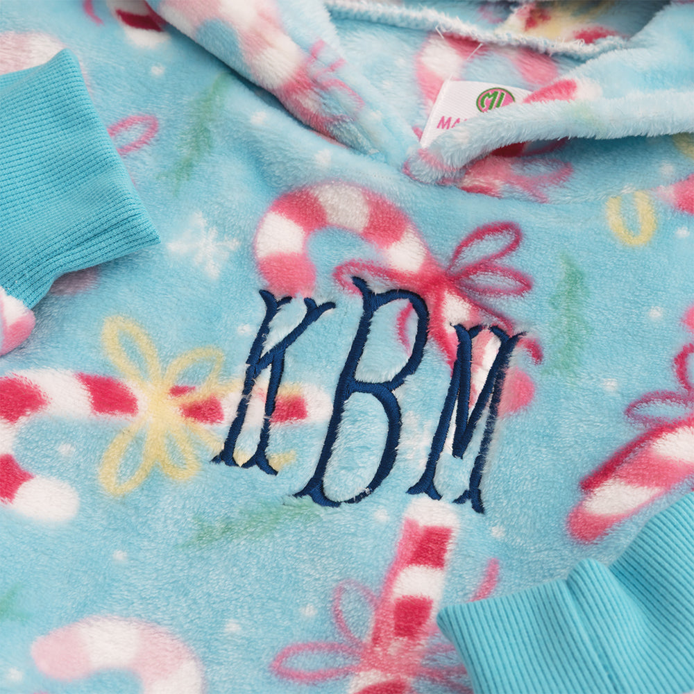 up close of candy cane cutie monogrammed kids blanket hoodie 