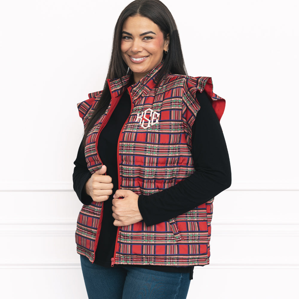 [julia-ann] up close of girl wearing red plaid personalized quilted ruffle sleeve vest ivory