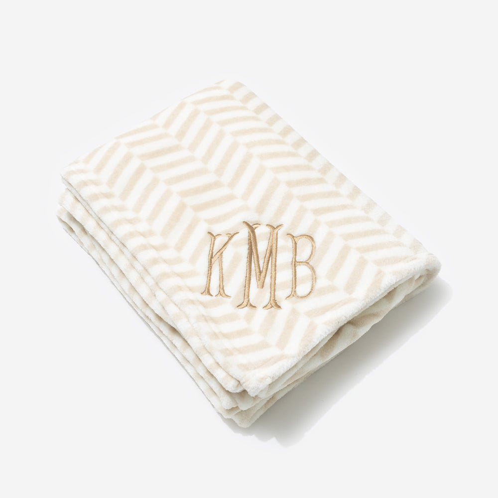 Personalized Plush Blanket in Neutral Herringbone