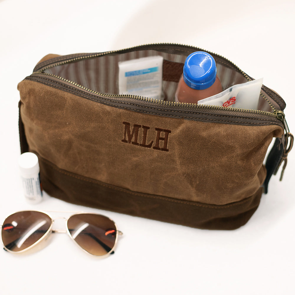 sp23 personalized dopp kit on bathroom counter