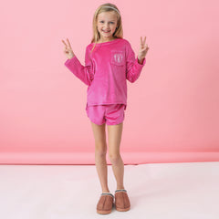 front of monogrammed kids hot pink softspun lounge set