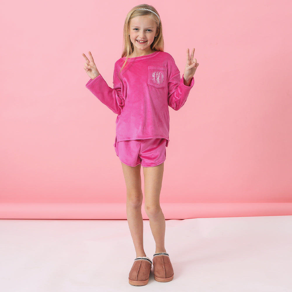 front of monogrammed kids hot pink softspun lounge set