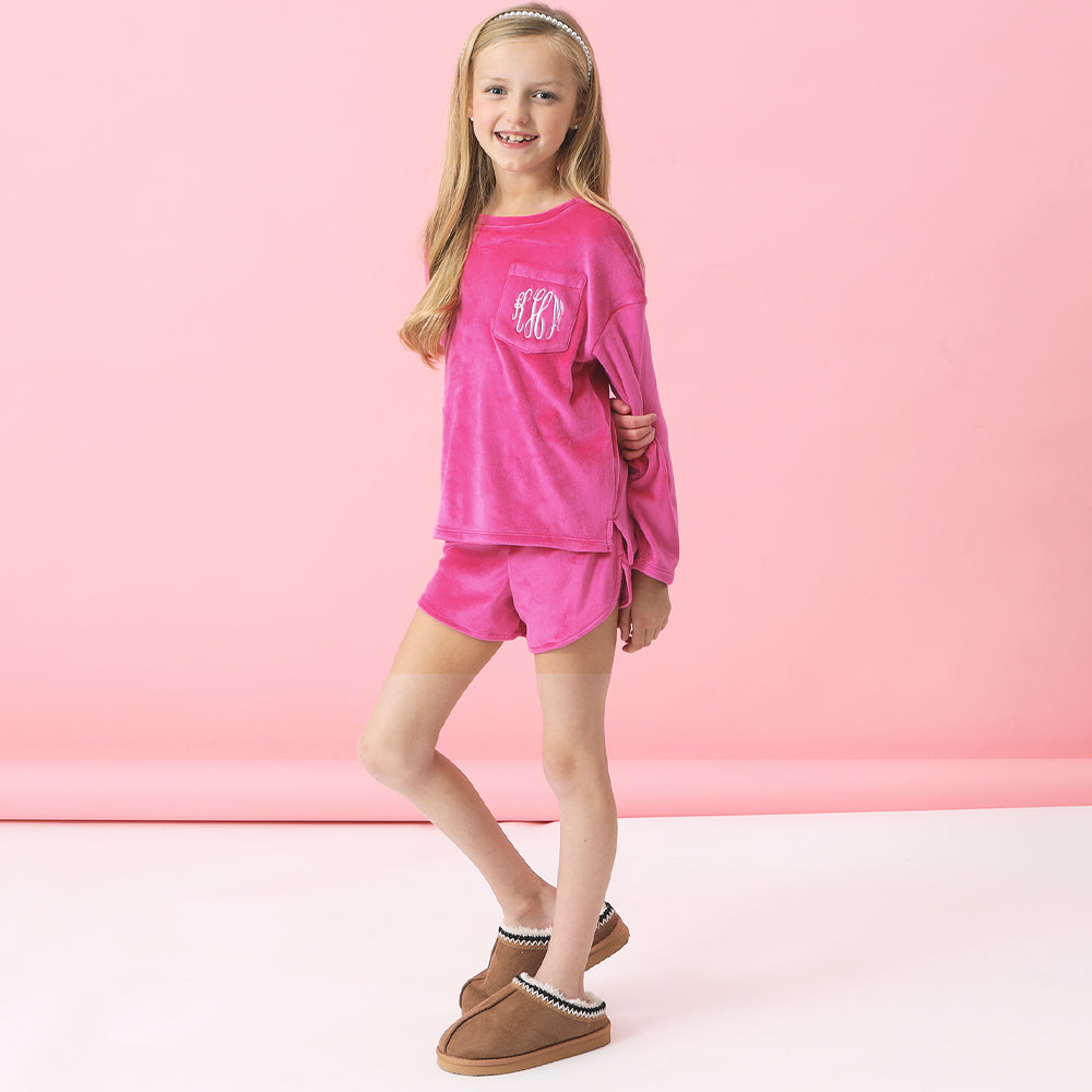 [addie] monogrammed hot pink softspun kids lounge set