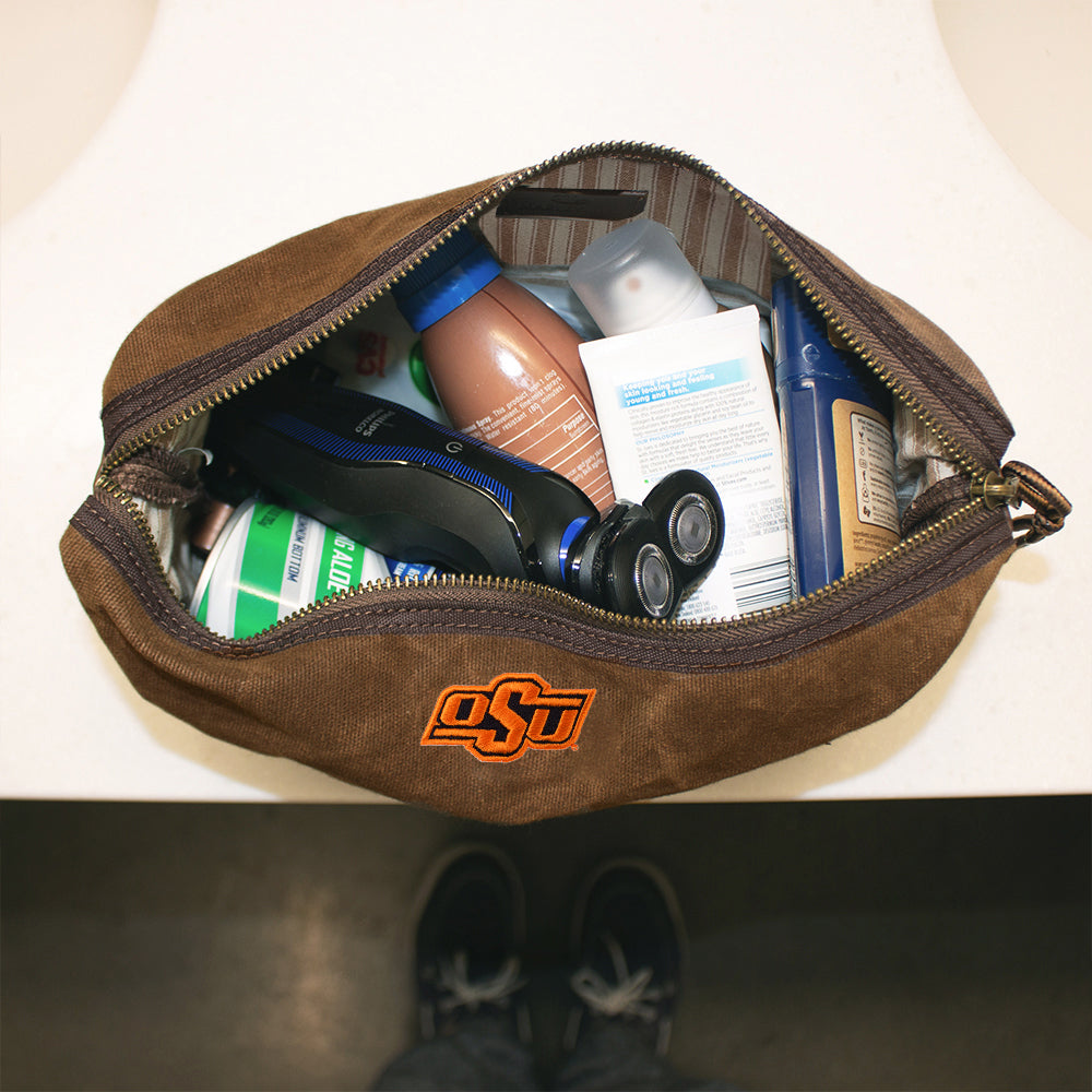 Inside of Oklahoma State Waxed Canvas Dopp Kit