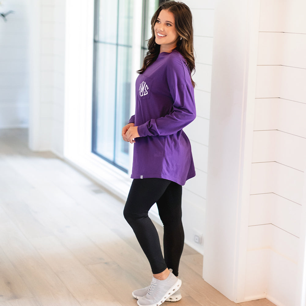 violet long sleeve shirt side view