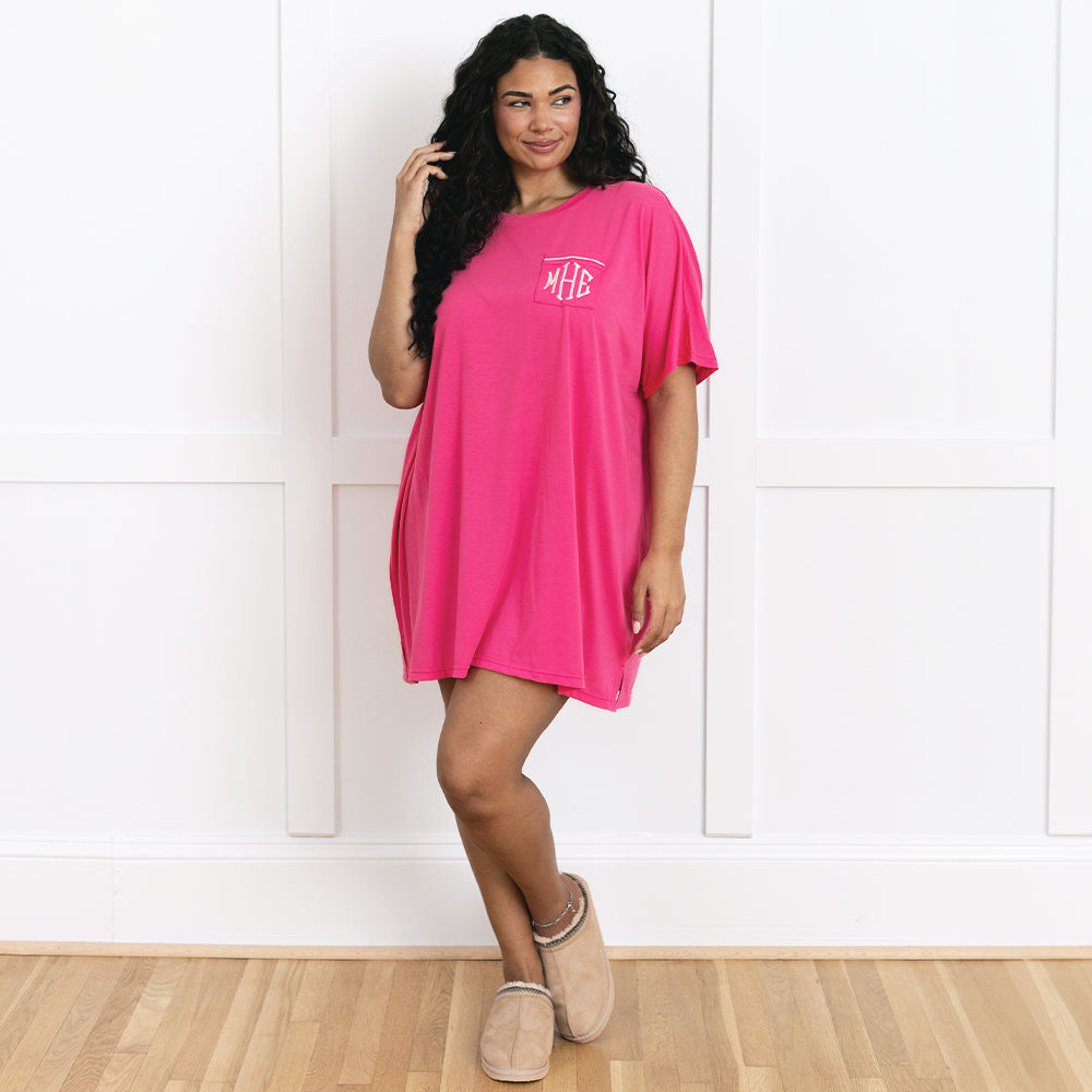 girl wearing personalized hot pink sleep tee nightgown