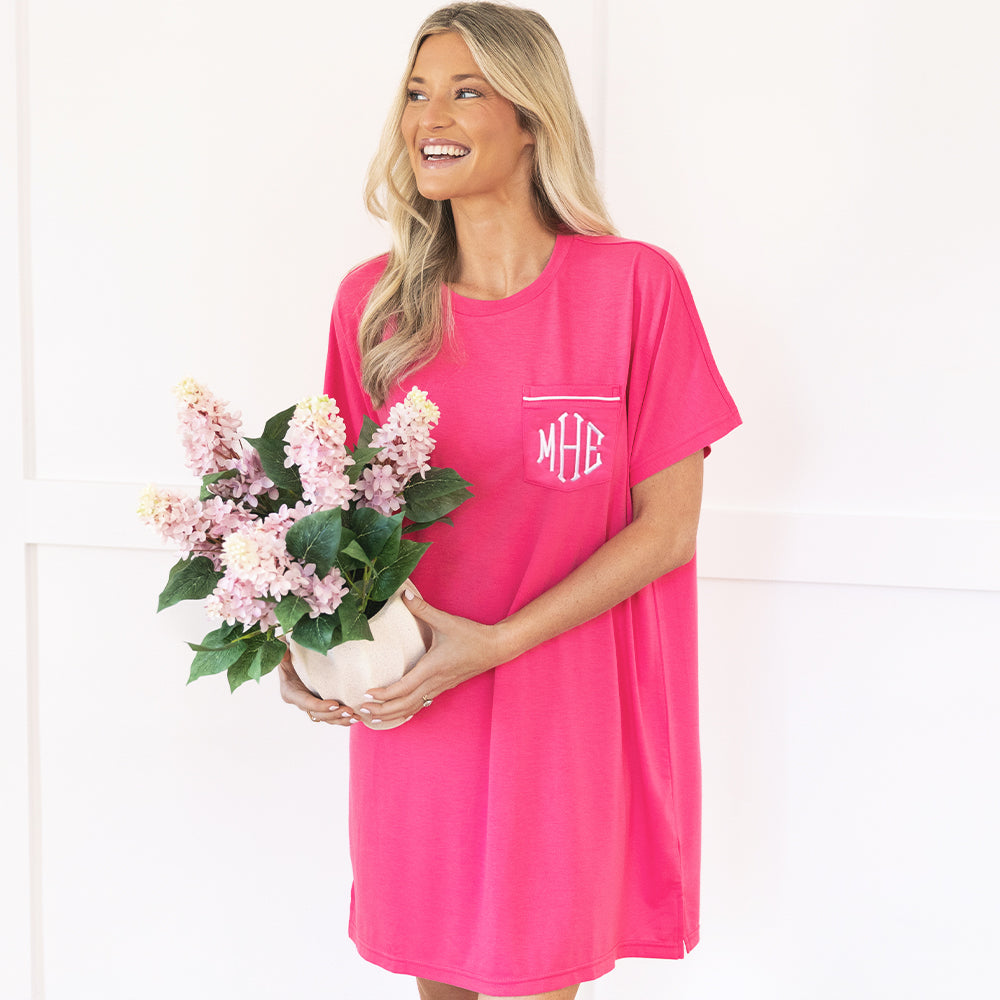 girl wearing hot pink monogrammed sleep tee