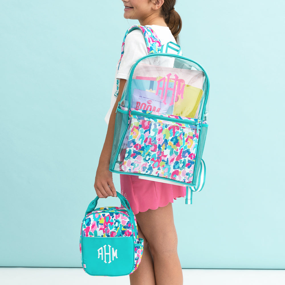watercolor cheetah clear backpack with lunch box in hand