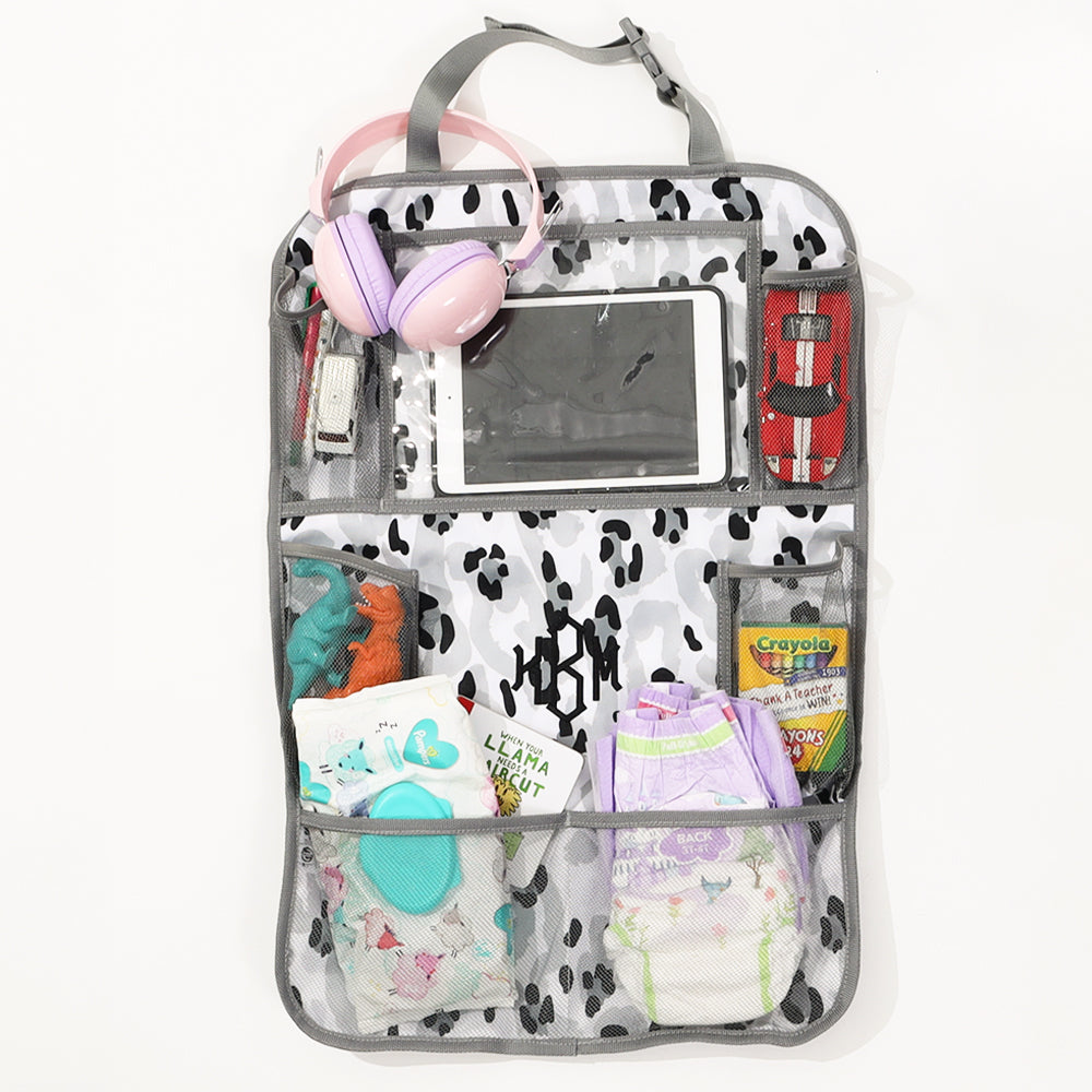 black sassy spots seat organizer flatlay