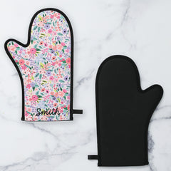 coral floral neoprene oven mitt front and back