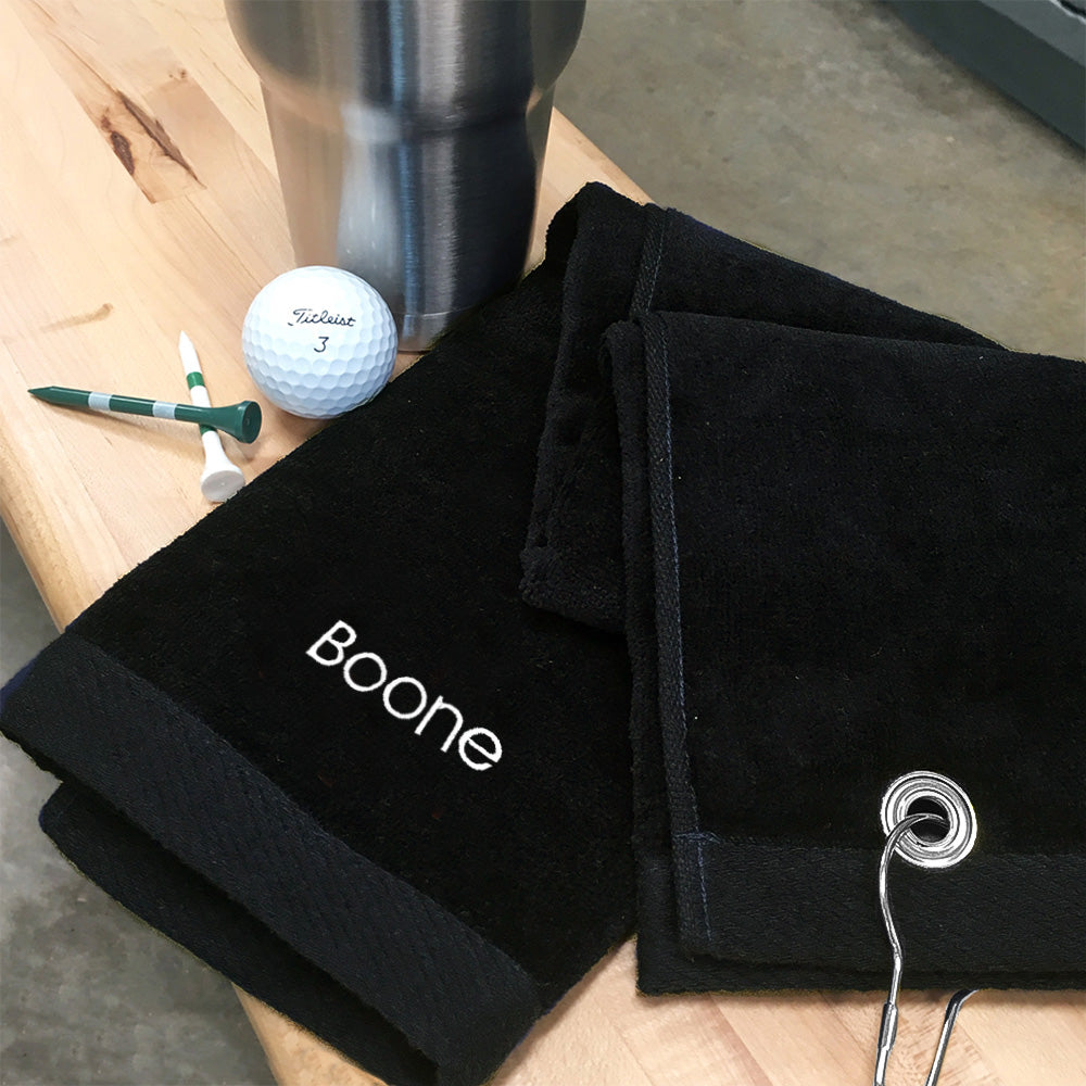 personalized black golf towel with golf ball and tees with name