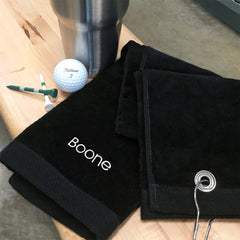 personalized black golf towel with golf ball and tees with name