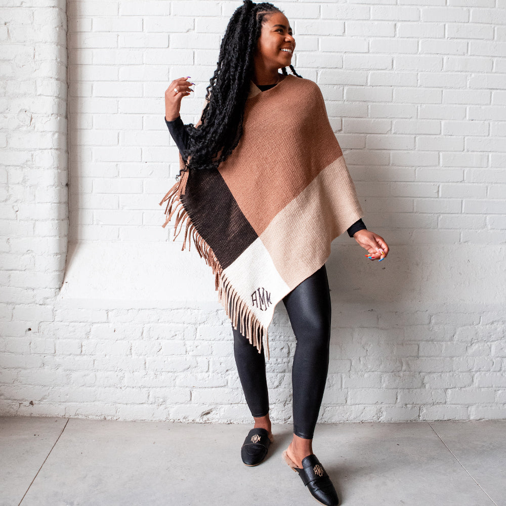 monogrammed hickory brown colorblock poncho with loafers