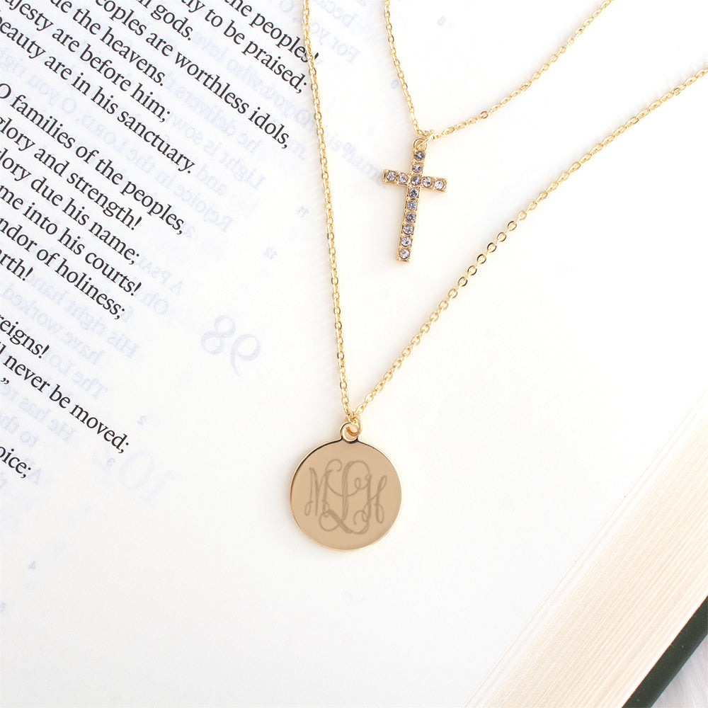 Monogrammed Layered Cross Necklace in Gold on Bible