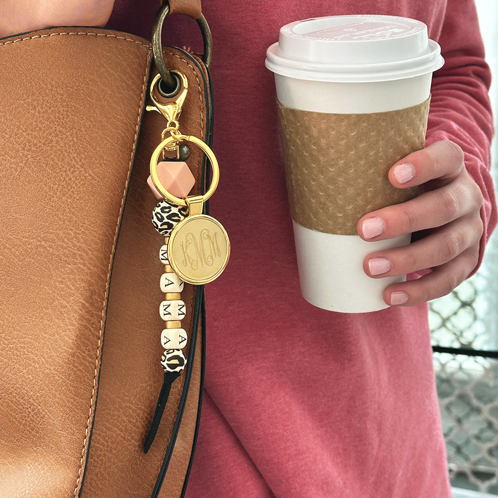 personalized leopard mama keychain on purse