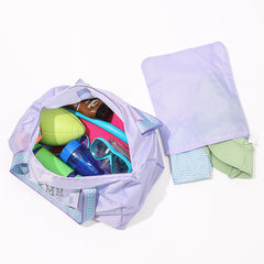 inside of lavender monogrammed activity bag