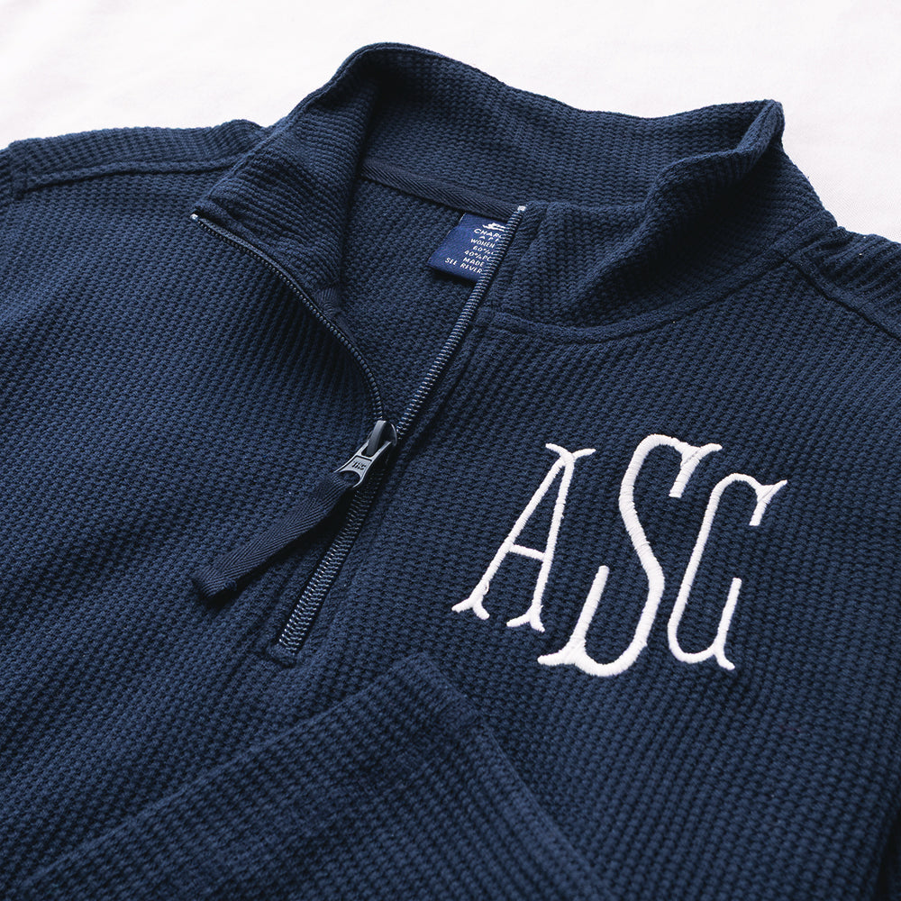 waffle monogrammed quarter zip pullover in navy ootd 