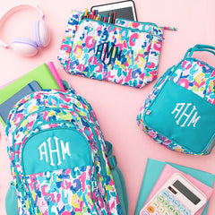 Watercolor cheetah essentials pouch with backpack and lunch box
