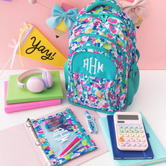 watercolor cheetah personalized backpack and binder pouch with school supplies
