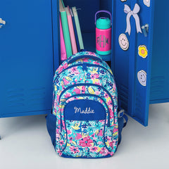 watercolor whimsy backpack lean against lockers 