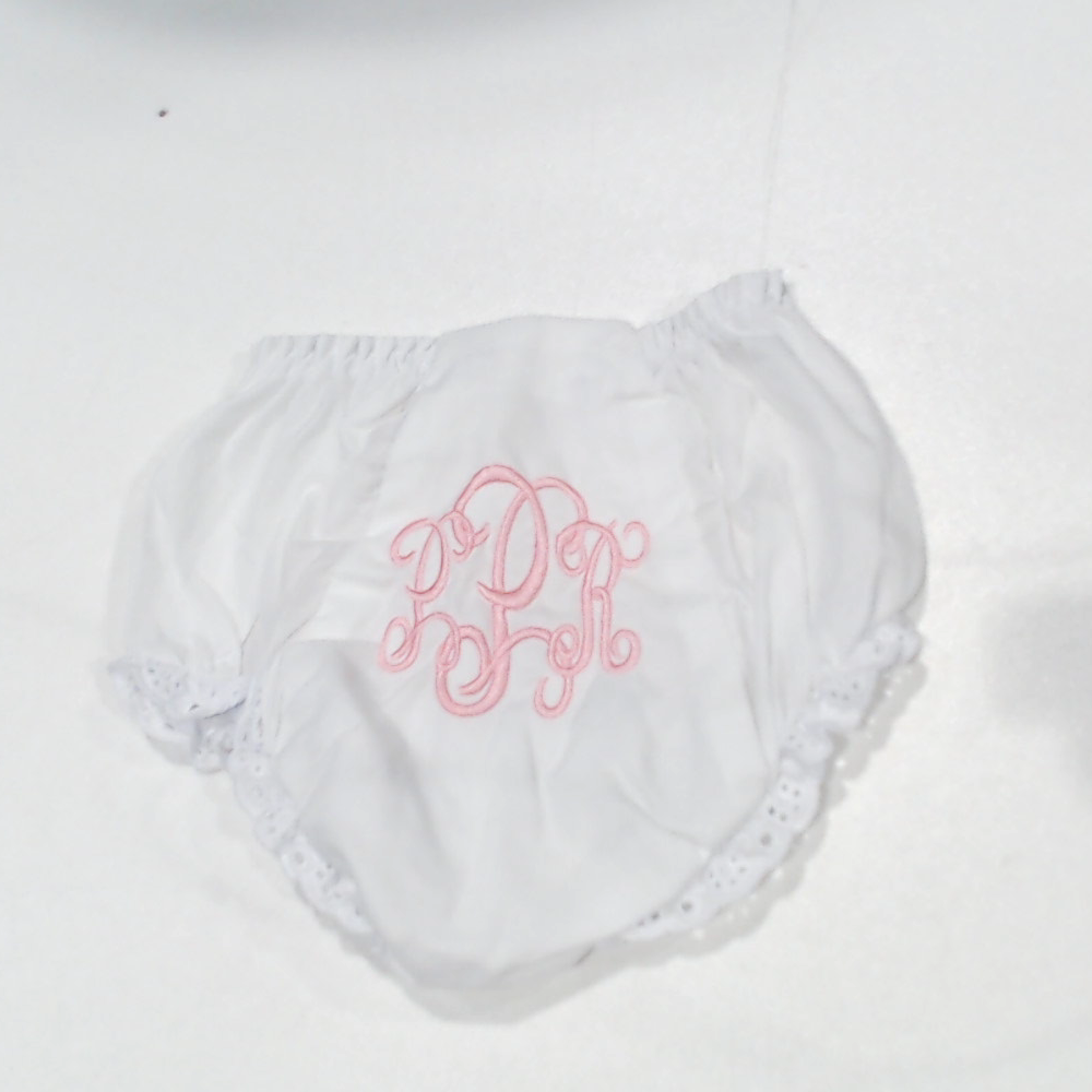 BLOOPER CLOTHING: Monogrammed White Eyelet Baby Bloomers