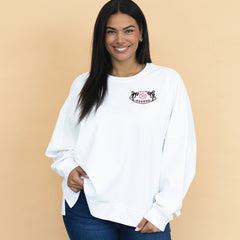 white bow football sweatshirt on julia ann