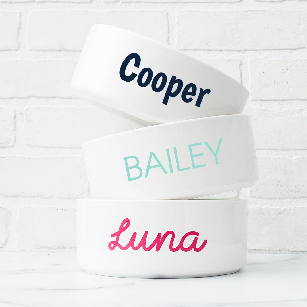 white ceramic pet bowl trio stacked