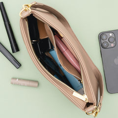 inside of taupe monogrammed shoulder bag