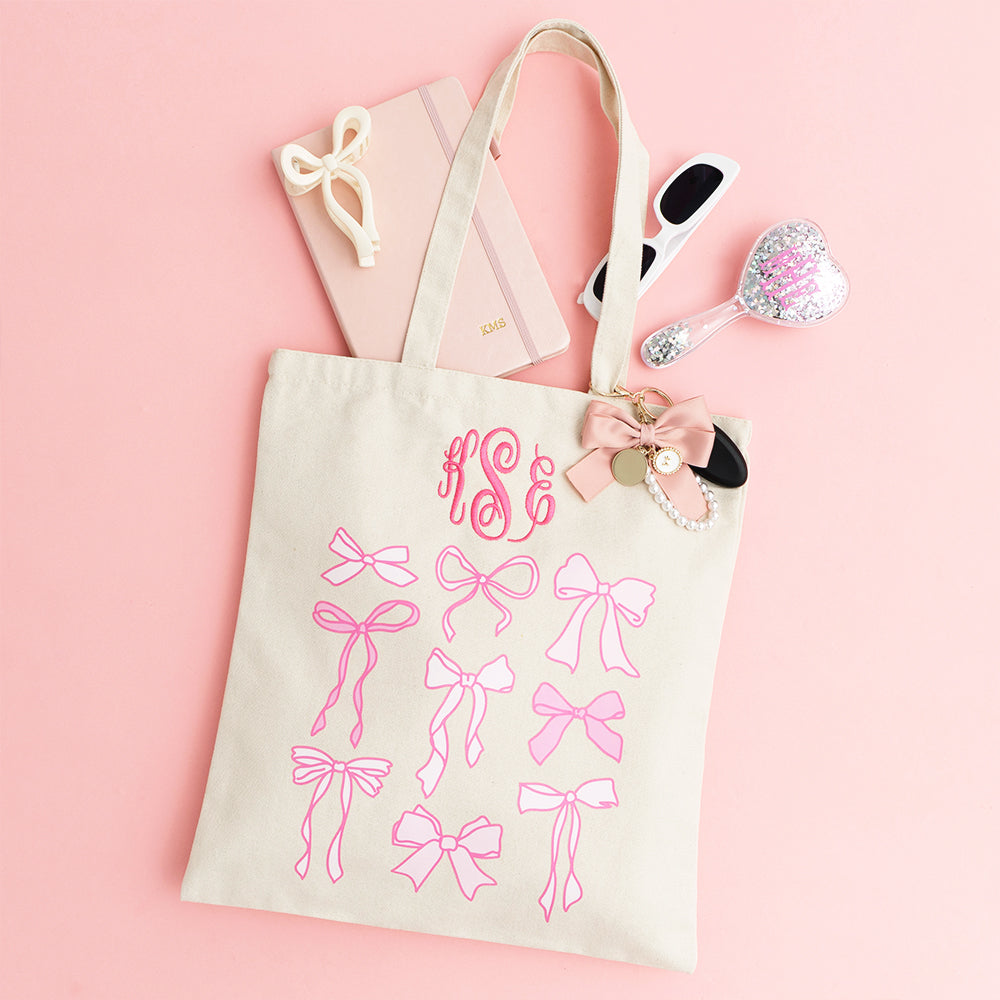 pink bows bow tote flatlay