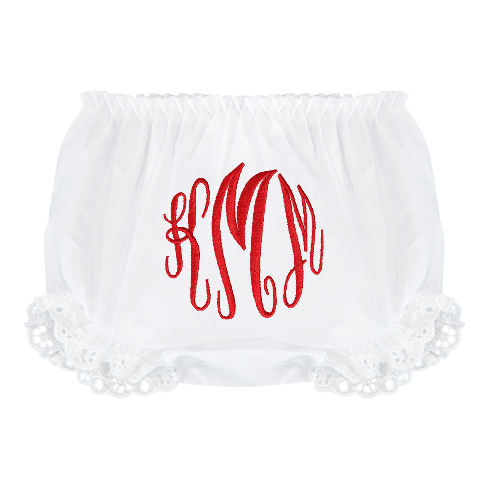 holiday monogrammed white baby eyelet bloomers