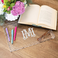 personalized scalloped acrylic tray with book vinyl