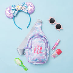 mermaid magic kids sling backpack flatlay