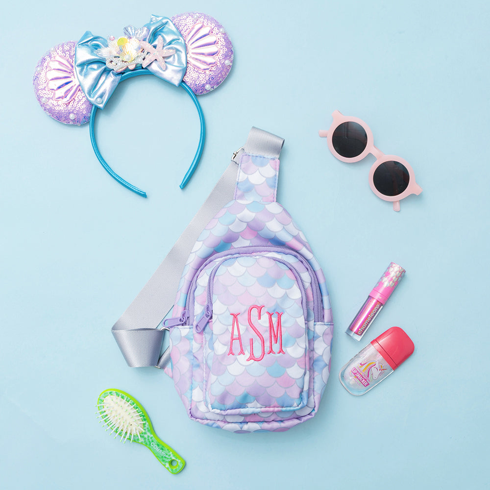 mermaid magic kids sling backpack flatlay