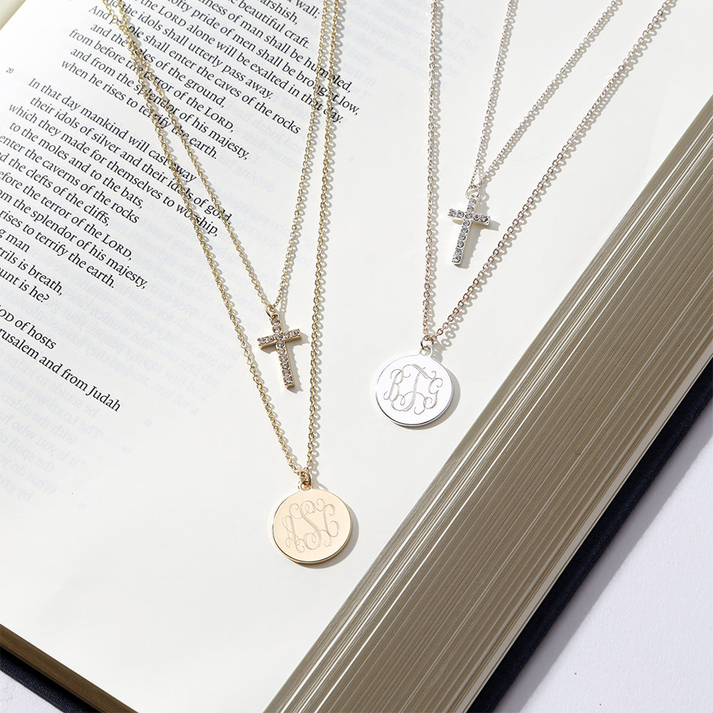 Monogrammed Layered Cross Necklace in Gold and Silver