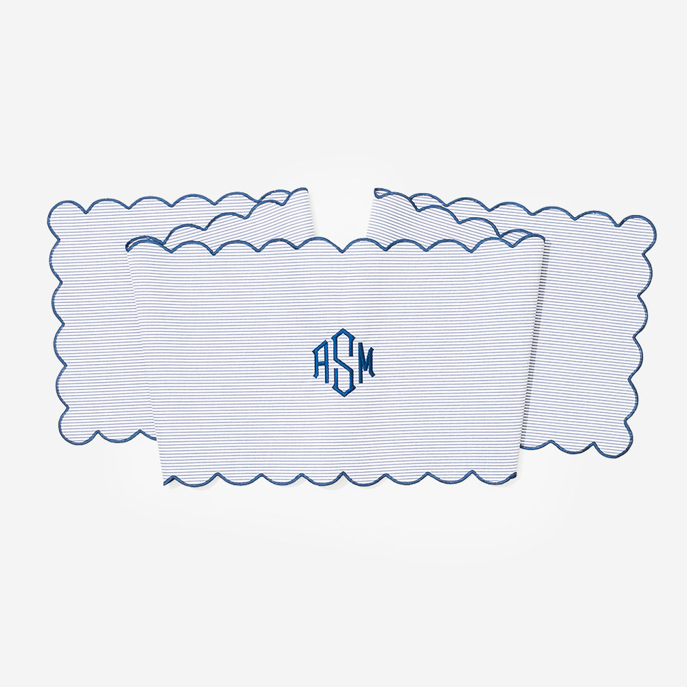 Monogrammed Scalloped Table Runner in Navy Seersucker