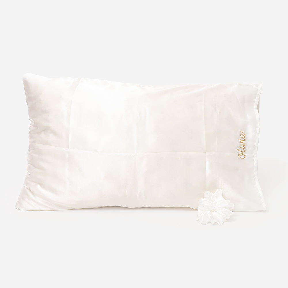 Monogrammed Satin Pillowcase and Scrunchie in white