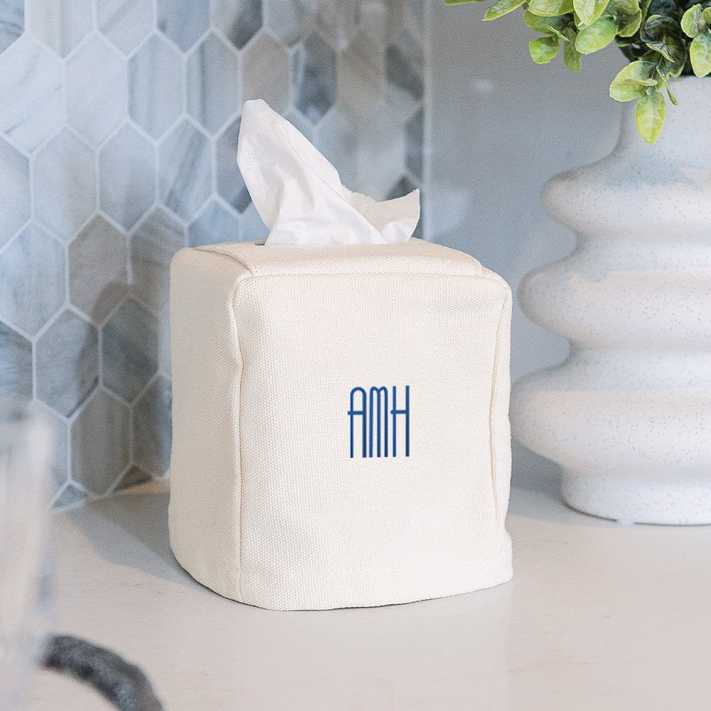 ivory personalized tissue box on kitchen counter