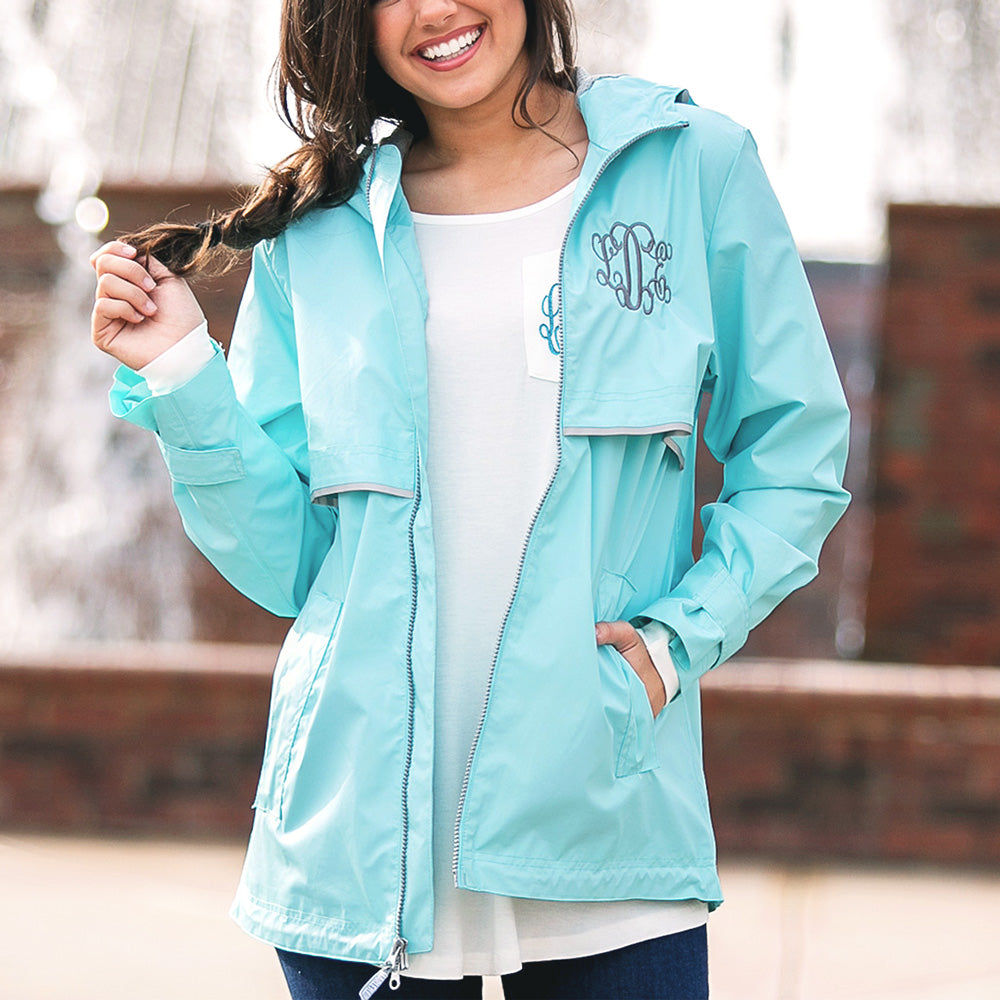 [peyton] aqua monogrammed rain jacket with white tee
