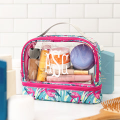dual compartment cosmetic bag on bathroom counter