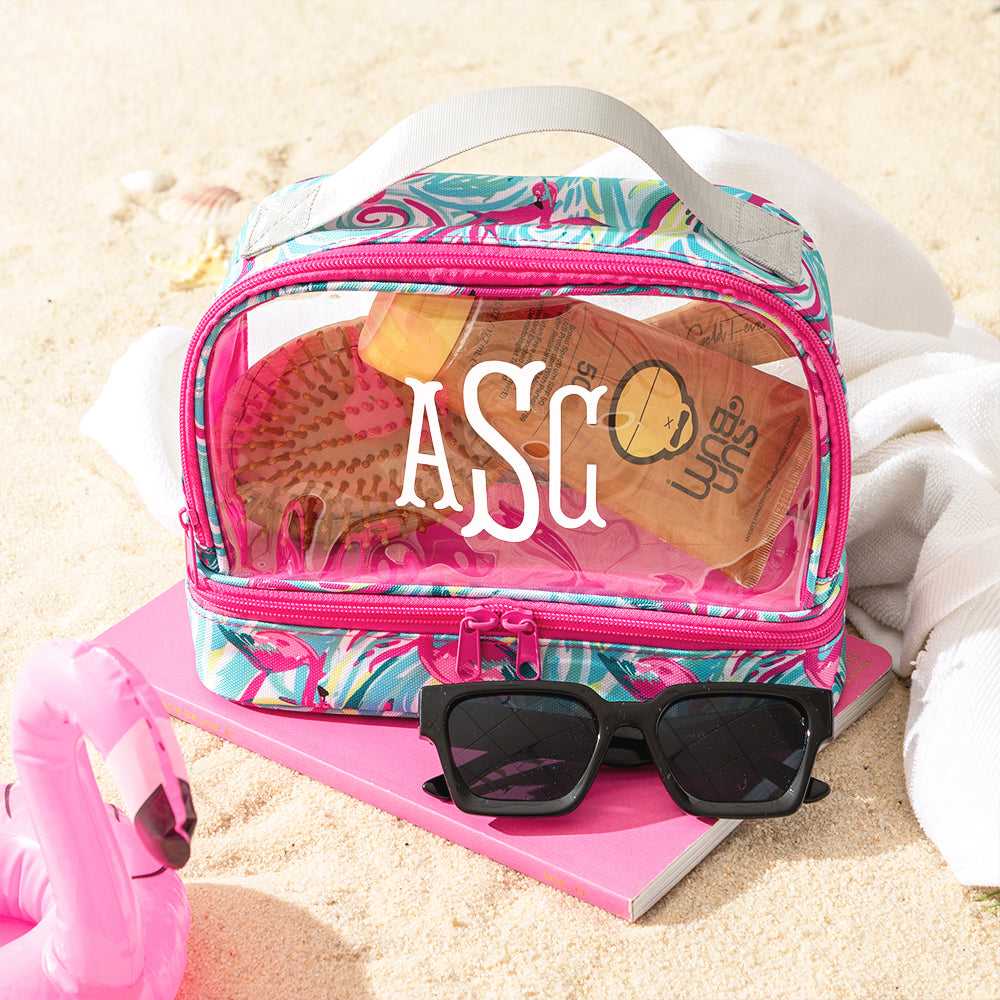 dual compartment cosmetic bag on sand