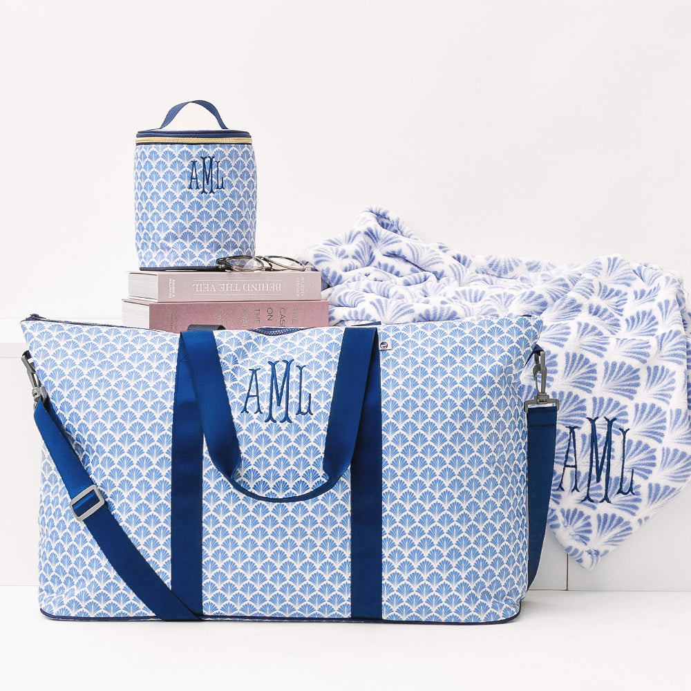 monogrammed blue shells weekend bag
