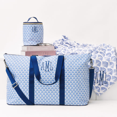 monogrammed blue shells weekend bag
