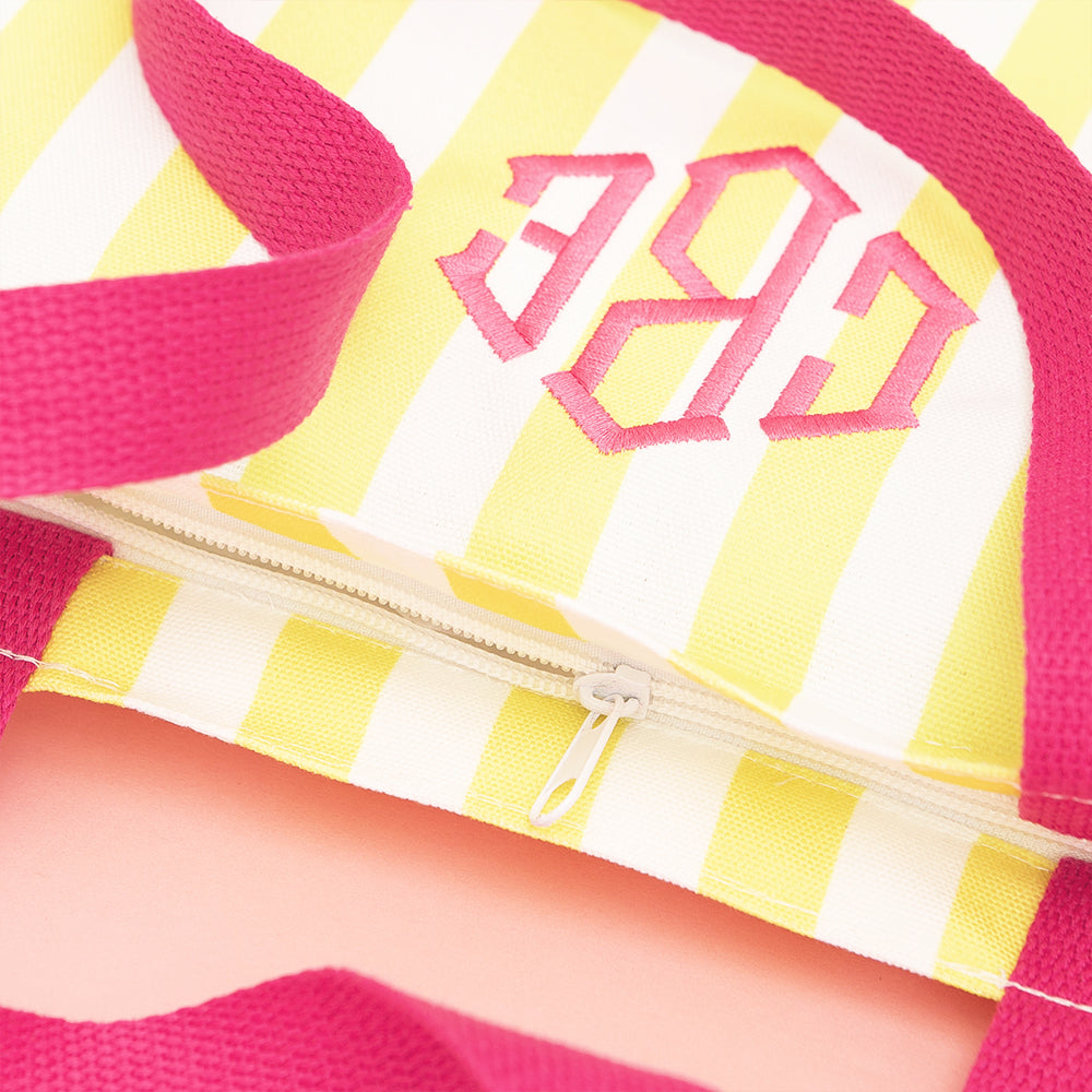close up detail shot of striped tote bag zipper top closure