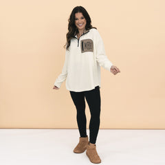 ivory Grid Fleece Quarter Zip Pullover on girl fullshot