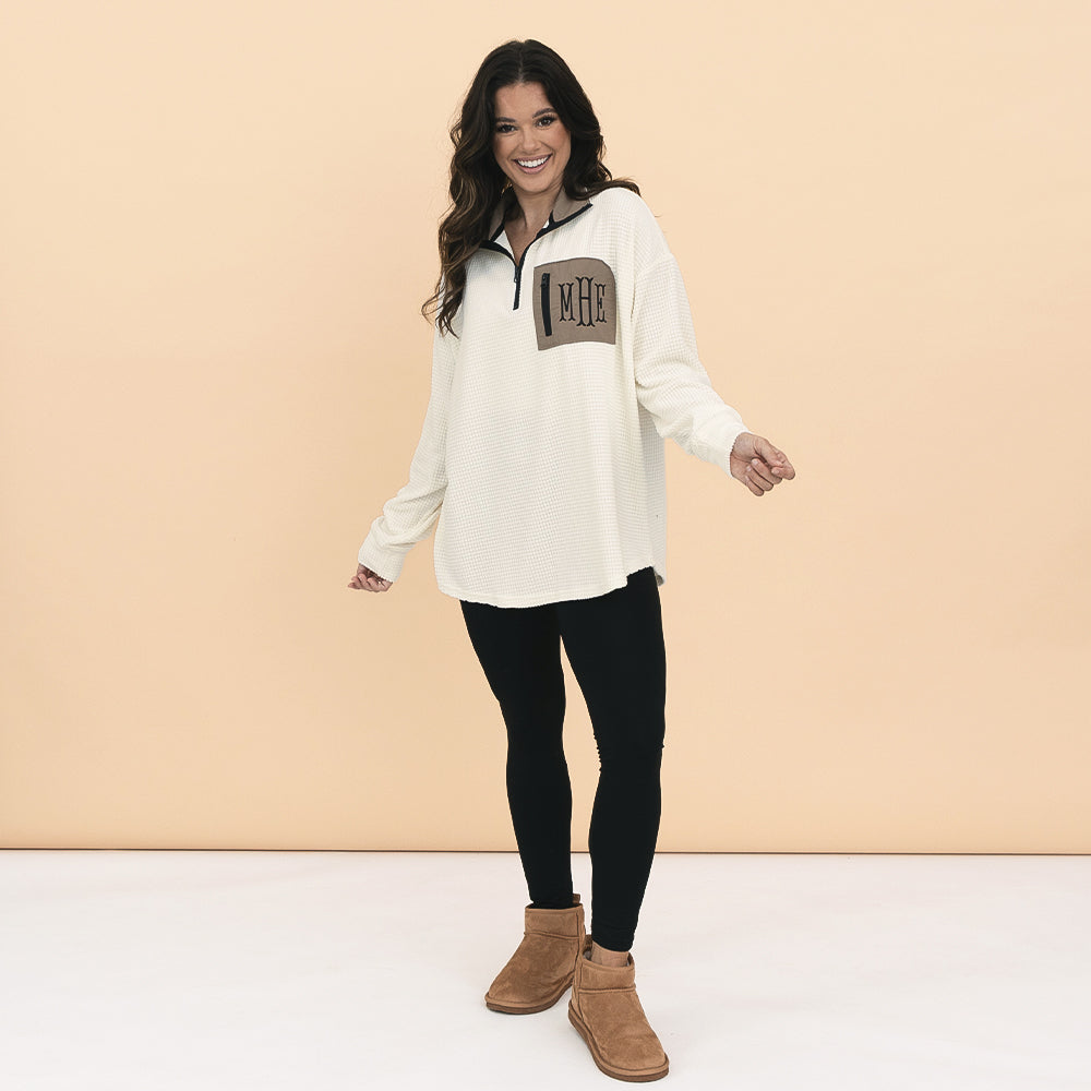 ivory Grid Fleece Quarter Zip Pullover on girl fullshot