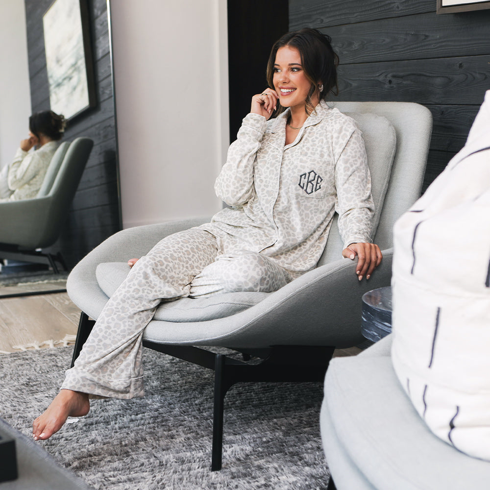snow leopard softspun monogrammed pajama set sitting