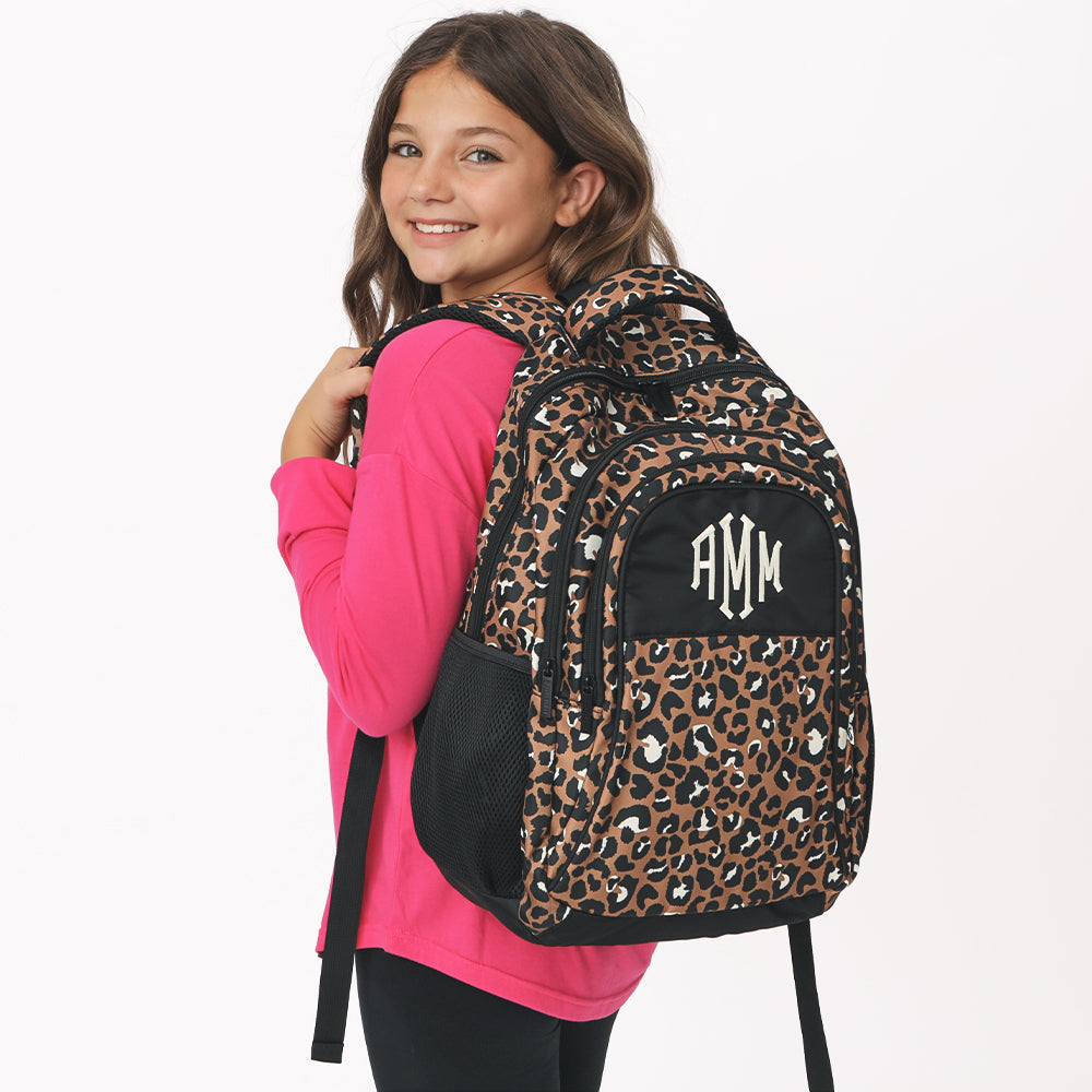 cheetah monogrammed book bag on girl